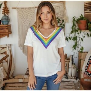 Women's Rainbow White Boho Hippie Casual Festival T Shirt Top Size Small